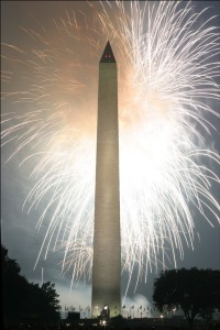 Fireworks behind the Washington Monument